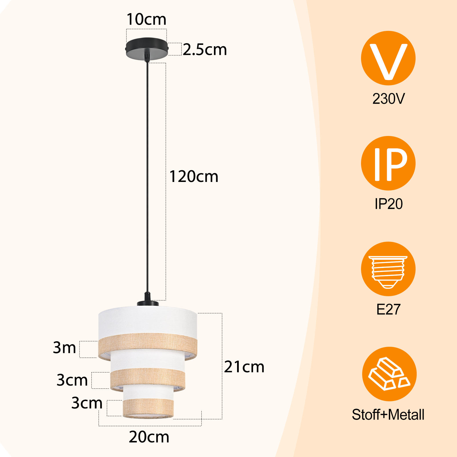 Lampa wisząca z wymiarami. Ma czarny kabel i abażur z białymi i beżowymi warstwami.