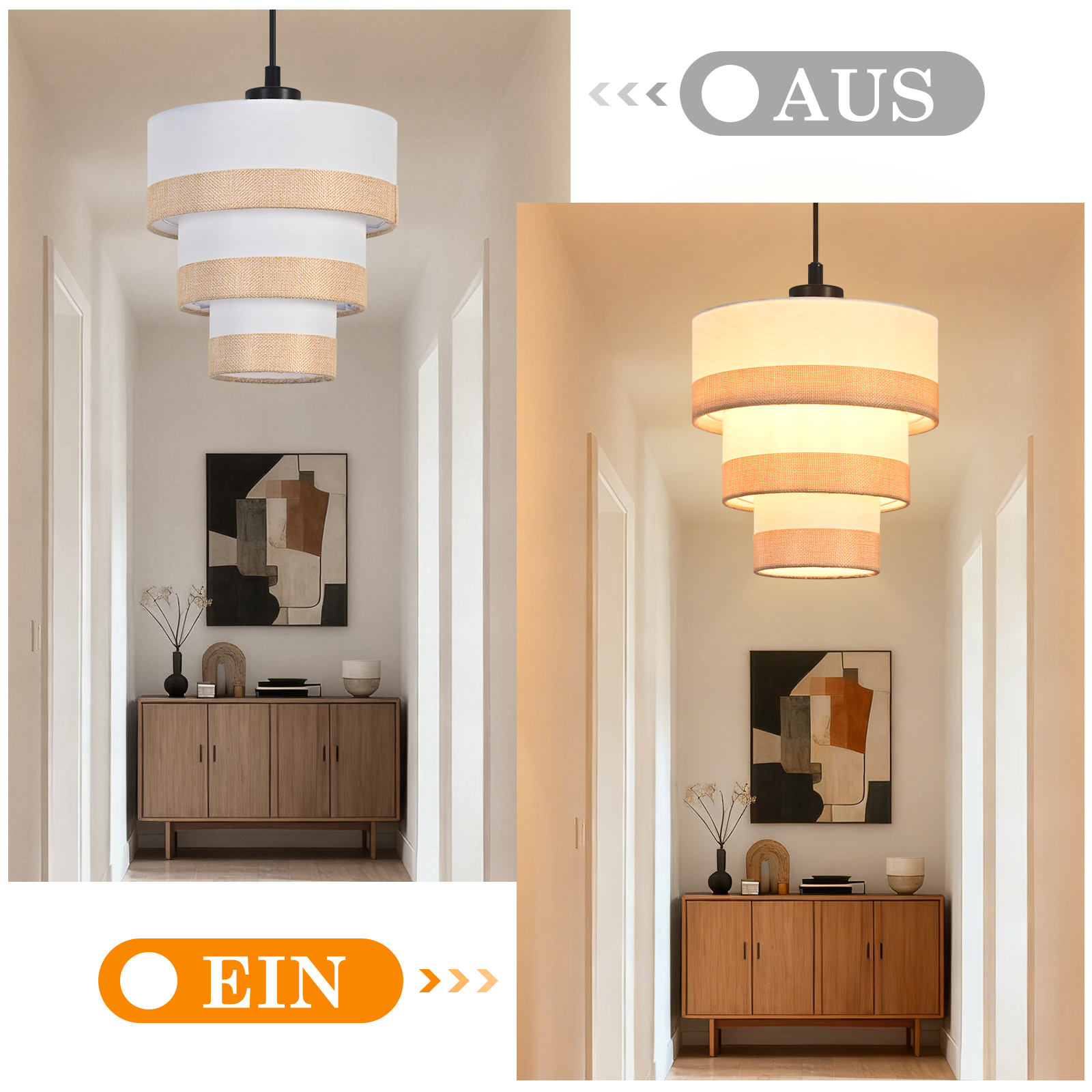 Korytarz z wielopoziomowym żyrandolem, drewnianą szafką z grafiką i przyciskiem 'EIN'.