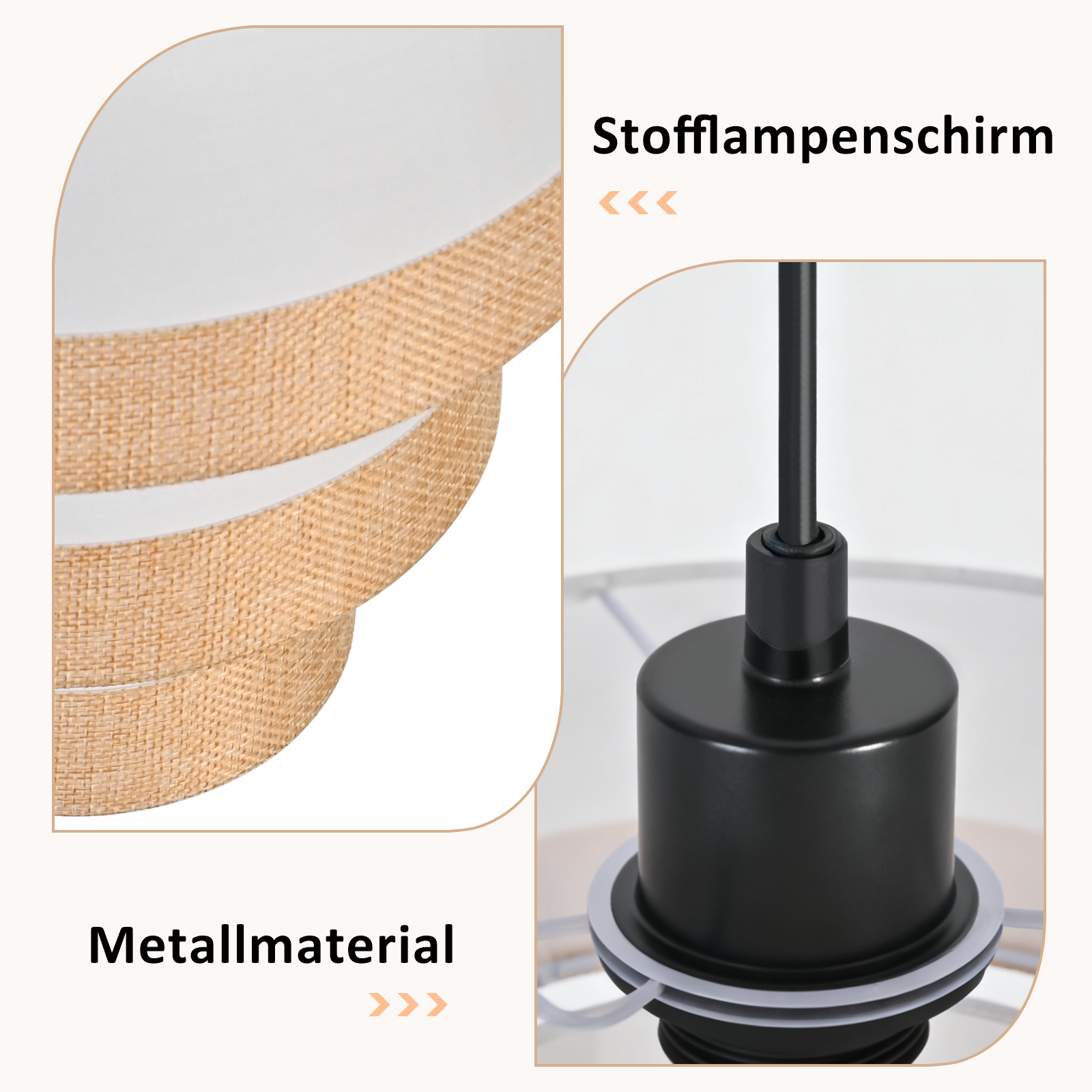 Zbliżenie lampy, pokazujące tkany klosz i czarną metalową podstawę. Tło jest jasne.