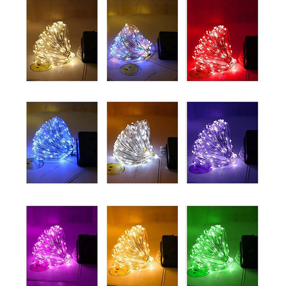 Neun Sets von Lichterketten in verschiedenen Farben: Weiß, Regenbogen, Rot, Blau, Silber, Lila, Rosa, Gelb und Grün. Jedes Set hat eine schwarze Box.