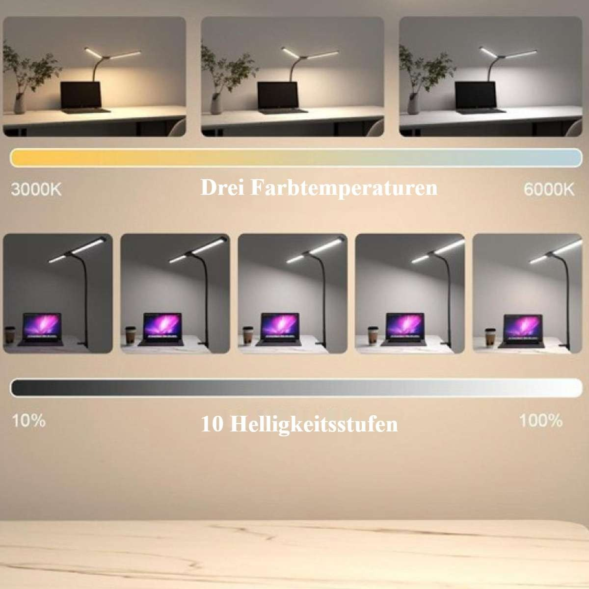 Das Bild zeigt Schreibtischlampen mit verschiedenen Lichteinstellungen. Zeigt Farbtemperatur und Helligkeitsstufen. Laptops und Pflanzen sind vorhanden.