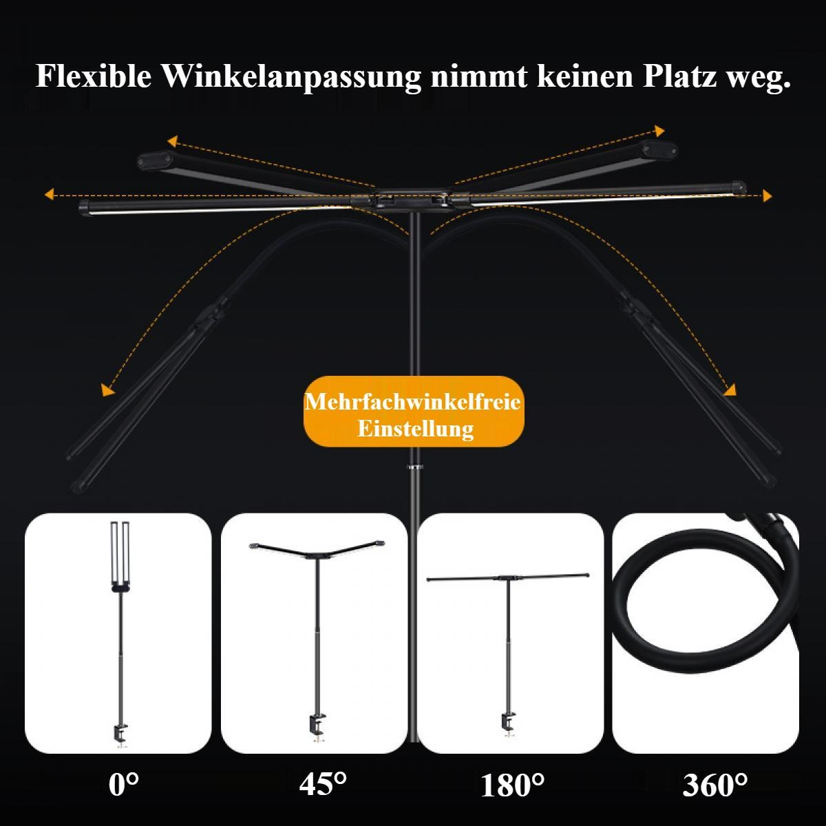 Diagramm einer verstellbaren Leuchte. Zeigt 0°, 45°, 180° und 360° Winkeloptionen. Text: Flexible Winkeleinstellung, kein Platzbedarf.