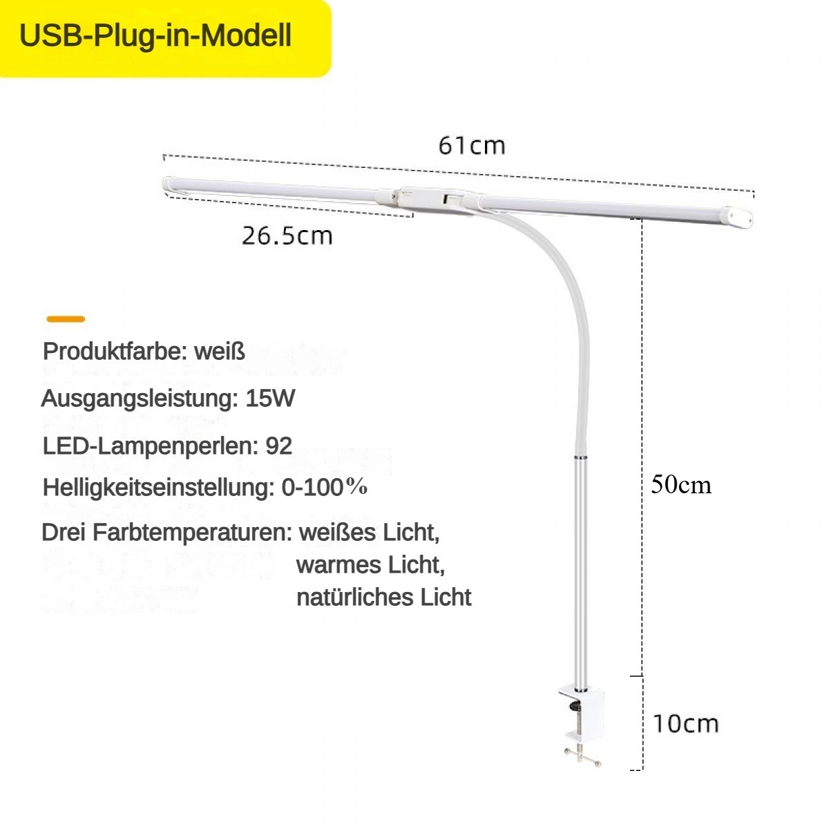 Gezeigt wird eine weiße LED-Schreibtischlampe mit Maßangaben und Textbeschriftungen. Es enthält Abmessungen und Spezifikationen.