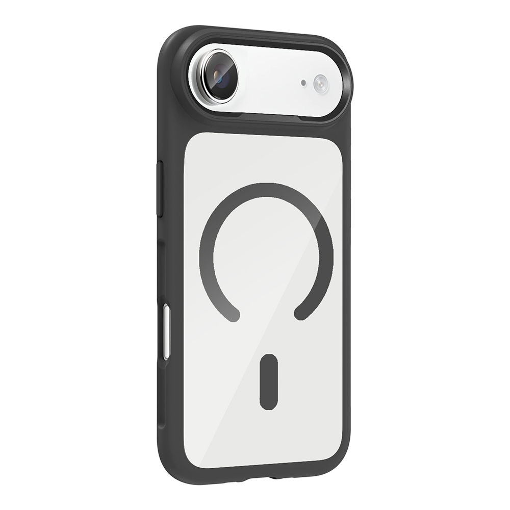 Siyah telefon kılıfı, kamera ve beyaz detaylar. Arkada büyük bir C şekli ve eksi işareti var.