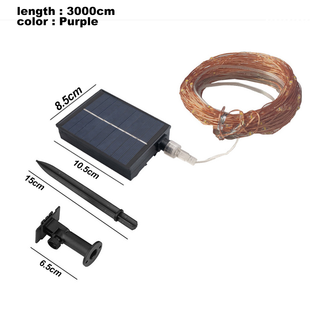 Solarbetriebene Lichterkette mit Solarpanel, Pfahl und einer Lichtspule. Abmessungen sind auf den Komponenten angegeben.