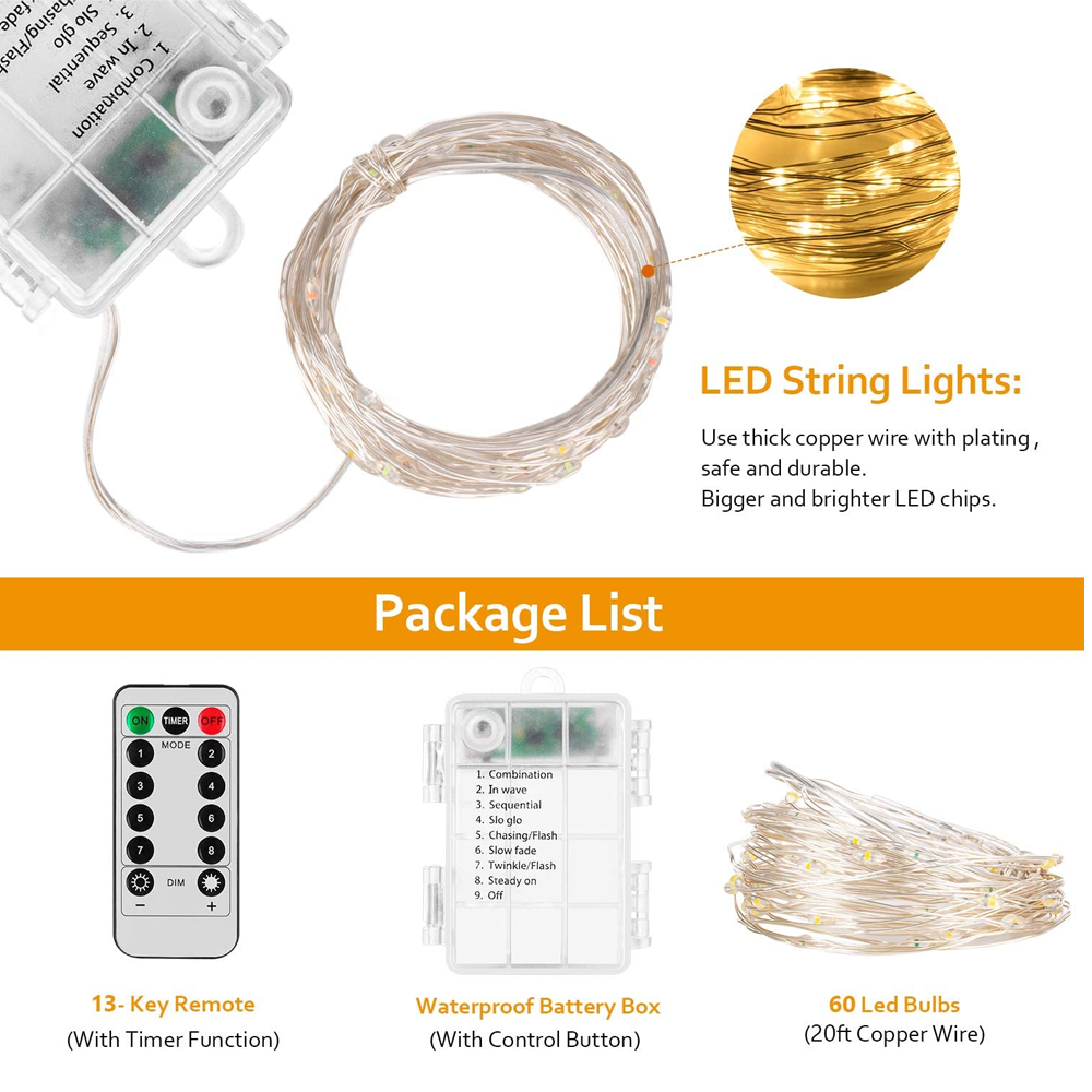 Das Bild zeigt Komponenten der LED-Lichterkette: Fernbedienung, Batteriebox und Lichter. Text enthält 'Paketliste' und Details.