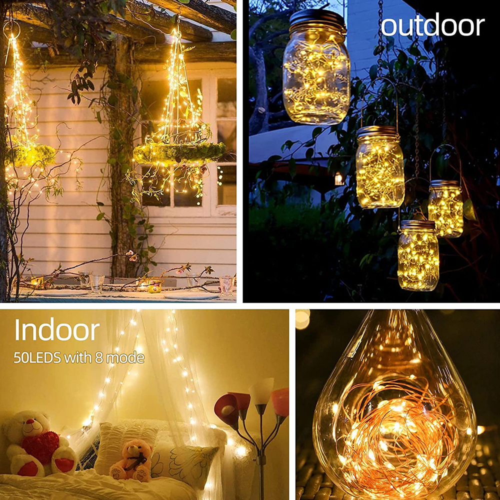 Das Bild zeigt dekorative Lichter in Gläsern und über einem Bett gespannt. Eines ist in einem hängenden Glas. Das Wort 'outdoor' ist sichtbar.