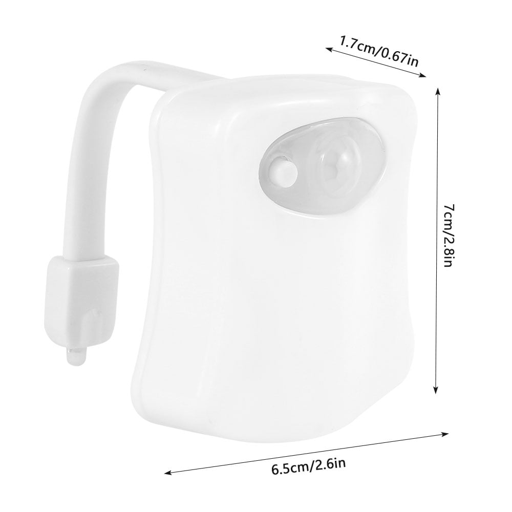 Eine weiße Toilettenleuchte mit beschrifteten Abmessungen. Sie hat einen gebogenen Arm und einen Sensor.