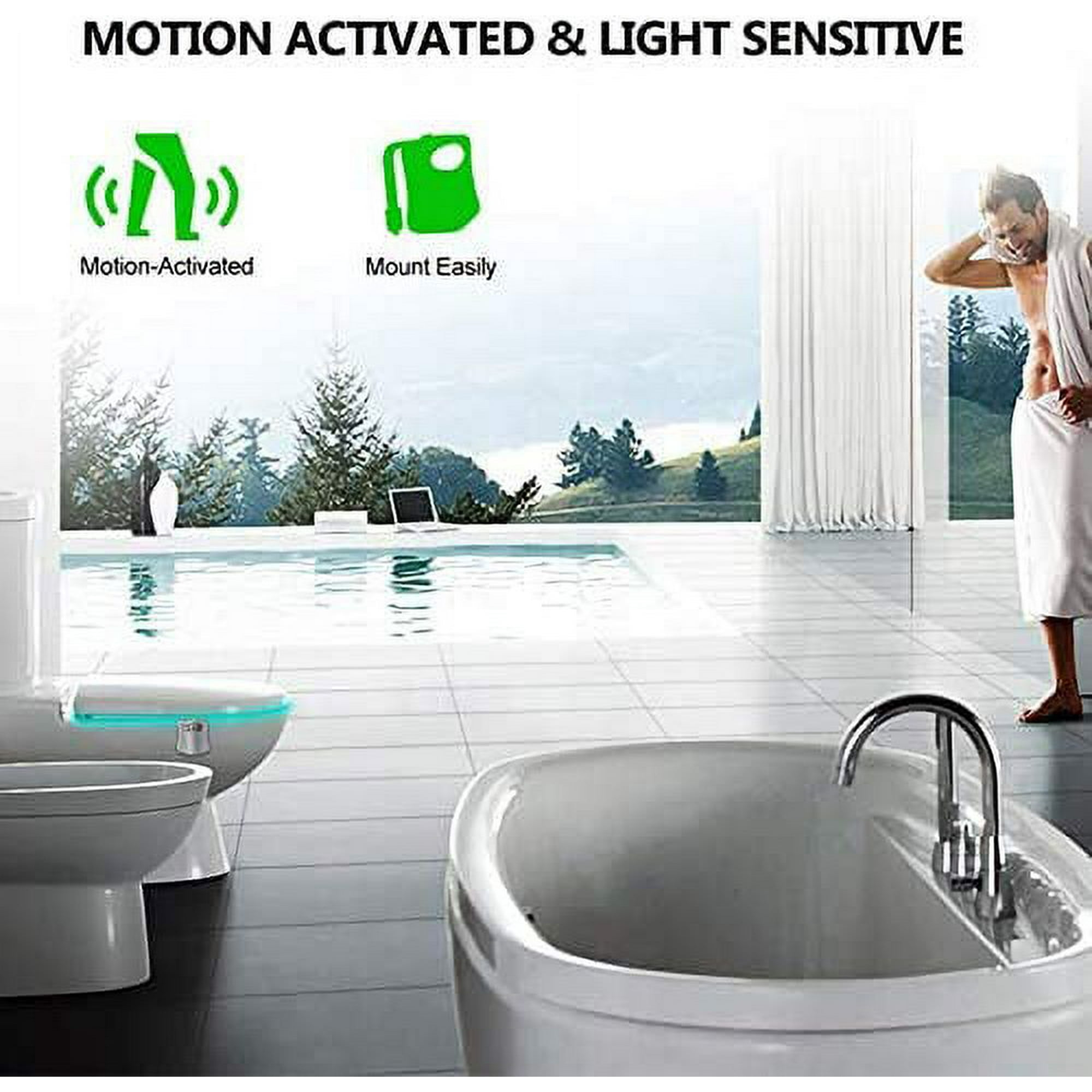 Eine Badeszene mit einem Mann, einer Toilette und einer Badewanne. Die Toilette hat ein grünes Licht. Ein Laptop ist ebenfalls sichtbar.