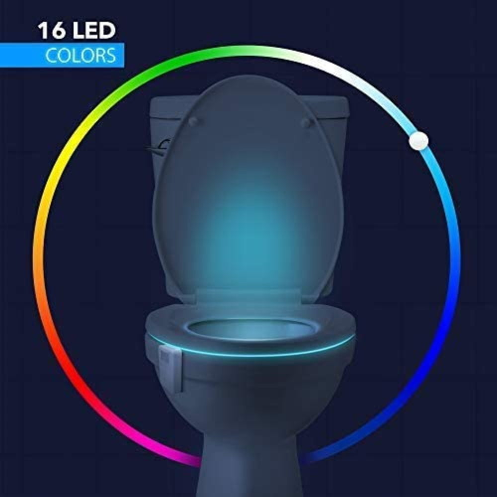 Toilette mit offenem Deckel, hervorgehoben durch ein blaues Leuchten. Ein Regenbogenring umgibt sie, mit der Aufschrift '16 LED COLORS'.