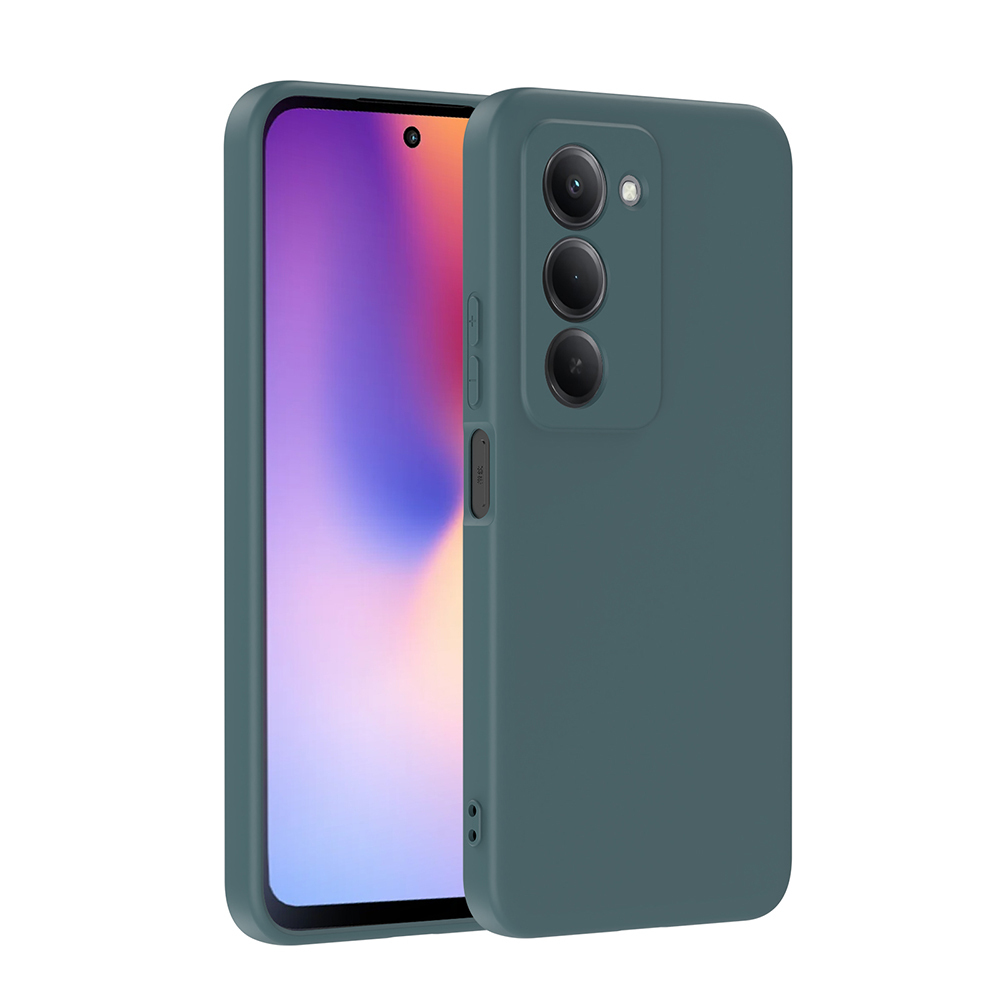 Bir akıllı telefonu kısmen kaplayan turkuaz bir telefon kılıfı. Telefondaki ekran, kamera ve yan tuşlar görülüyor.