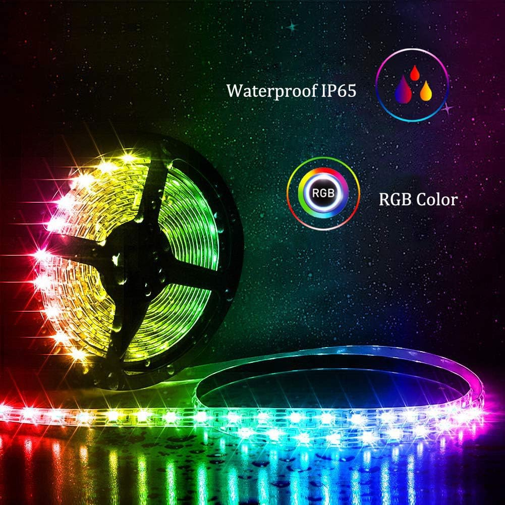 Eine Rolle bunter LED-Streifen. Die Lichter sind rot, grün, blau und gelb. Es hat wasserdichtes IP65 und RGB-Farbe.