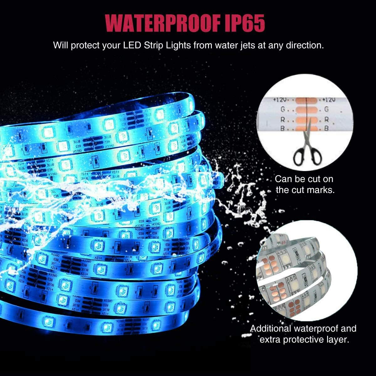 Blaue LED-Streifen, wasserdicht, mit zusätzlicher Schutzschicht, können zugeschnitten werden. Text: Wasserdicht IP65.