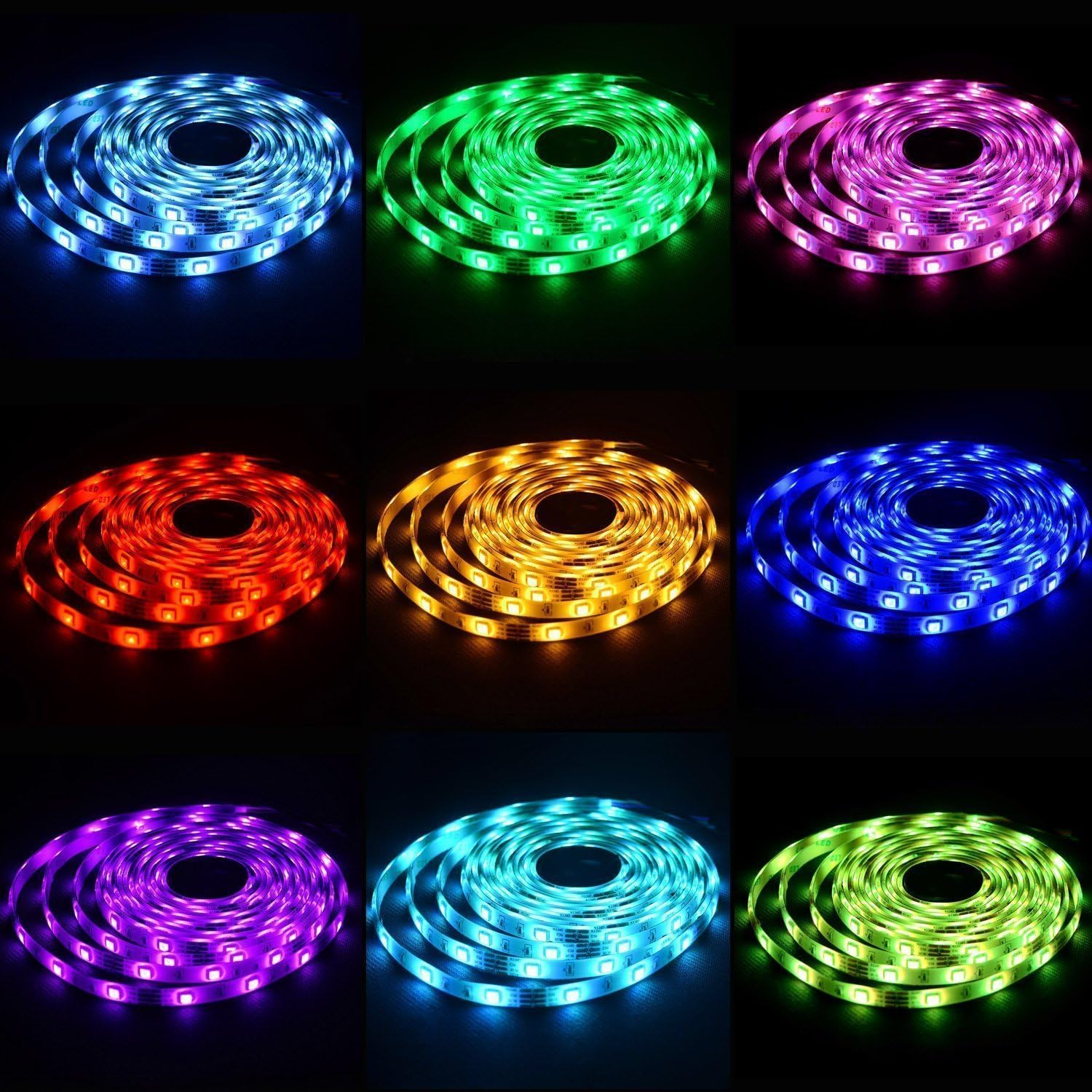 Neun aufgerollte LED-Lichtstreifen in verschiedenen Farben: Blau, Grün, Rosa, Rot, Gelb, Dunkelblau, Lila, Cyan und Hellgrün.