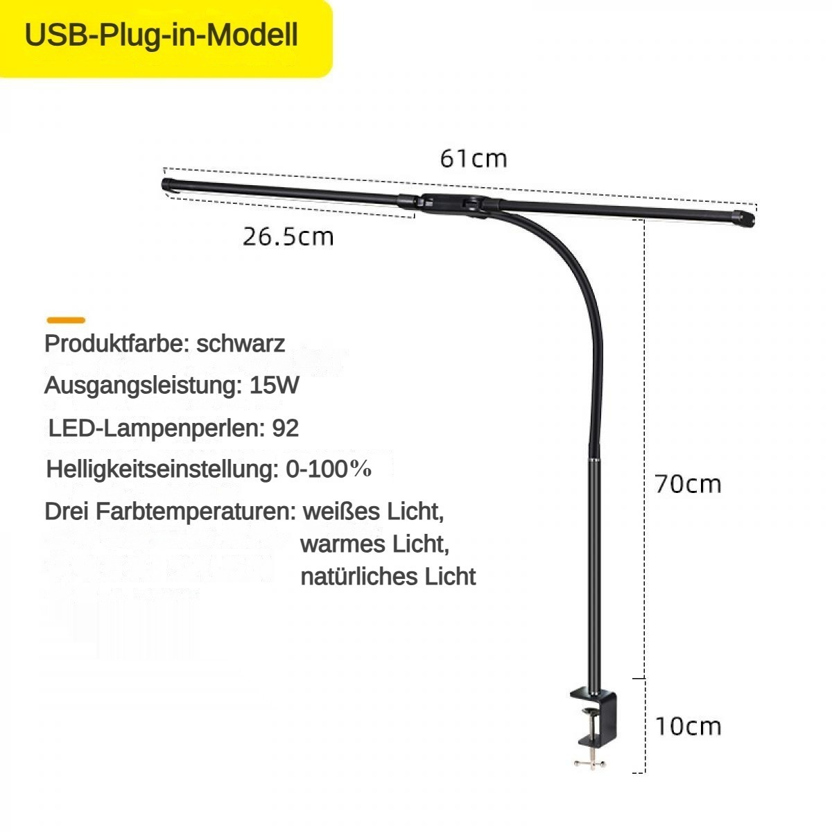 Eine schwarze USB-LED-Schreibtischlampe. Sie hat eine Klemme, einen verstellbaren Arm und einen Lichtbalken mit Maßangaben. Textdetails Produktspezifikationen.