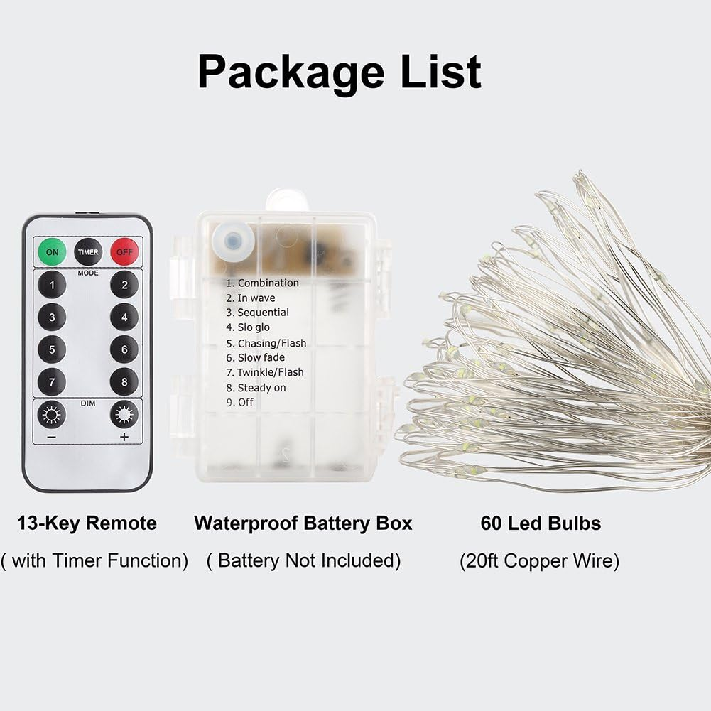 Das Bild zeigt eine Fernbedienung, eine Batteriebox und LED-Leuchten. Text beschreibt Funktionen und Merkmale, einschließlich Timer, Modi und Glühbirnendetails.
