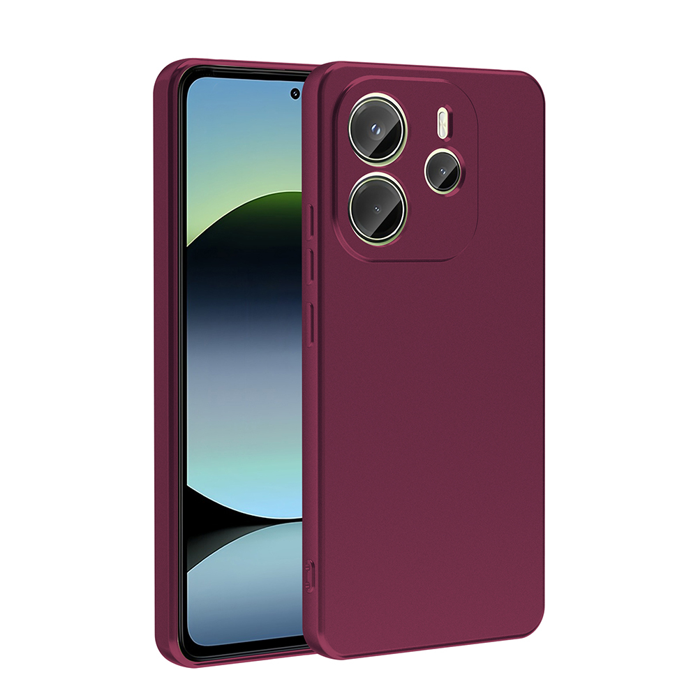 İçinde bir telefon bulunan bordo renkli bir telefon kılıfı. Kılıfın kamera oyukları ve düğmeleri var. Ekran açık yeşil ve mavi bir görüntü gösteriyor.