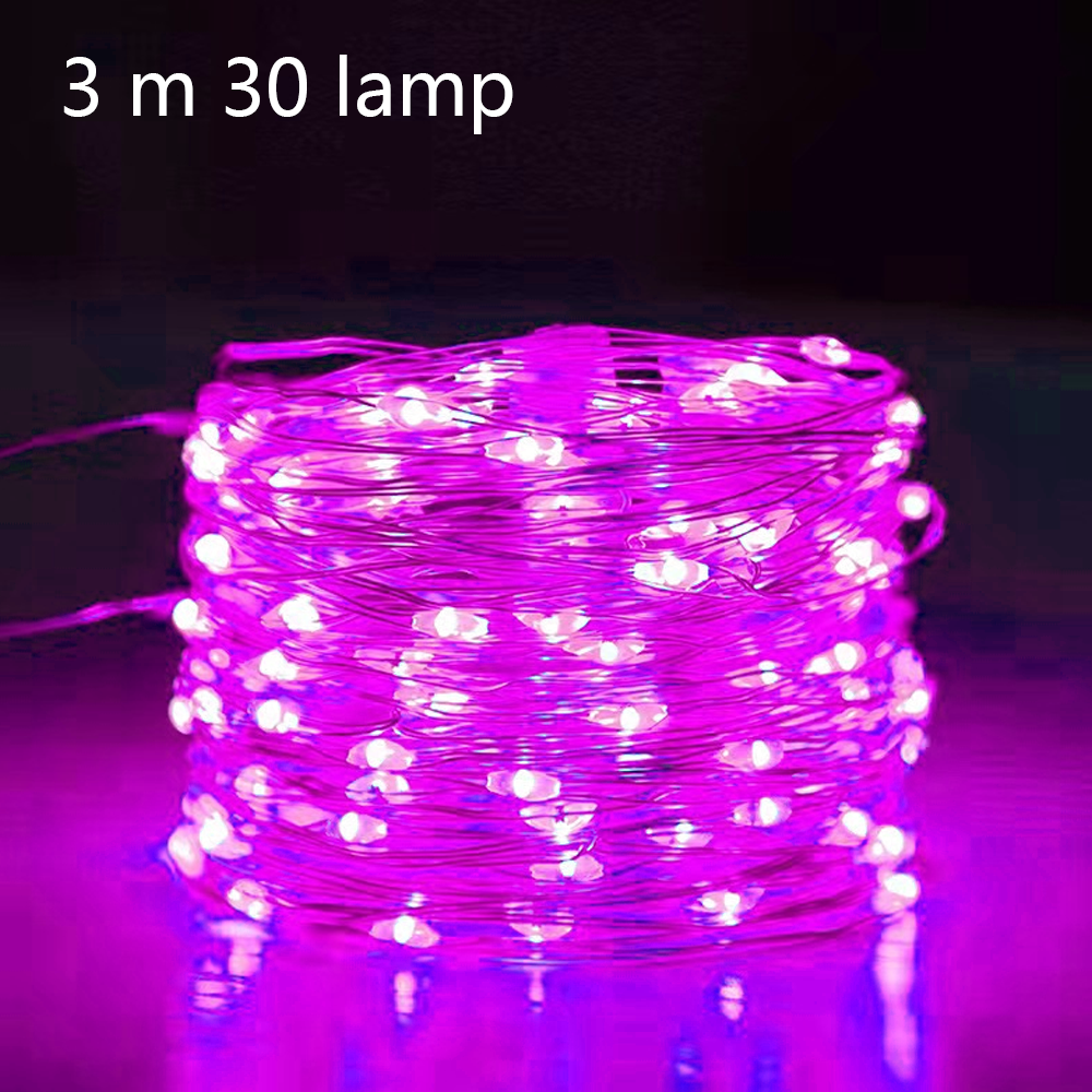 Nahaufnahme einer aufgerollten Lichterkette mit lila LEDs. Der Hintergrund ist dunkel. Text '3 m 30 lampe' oben links.