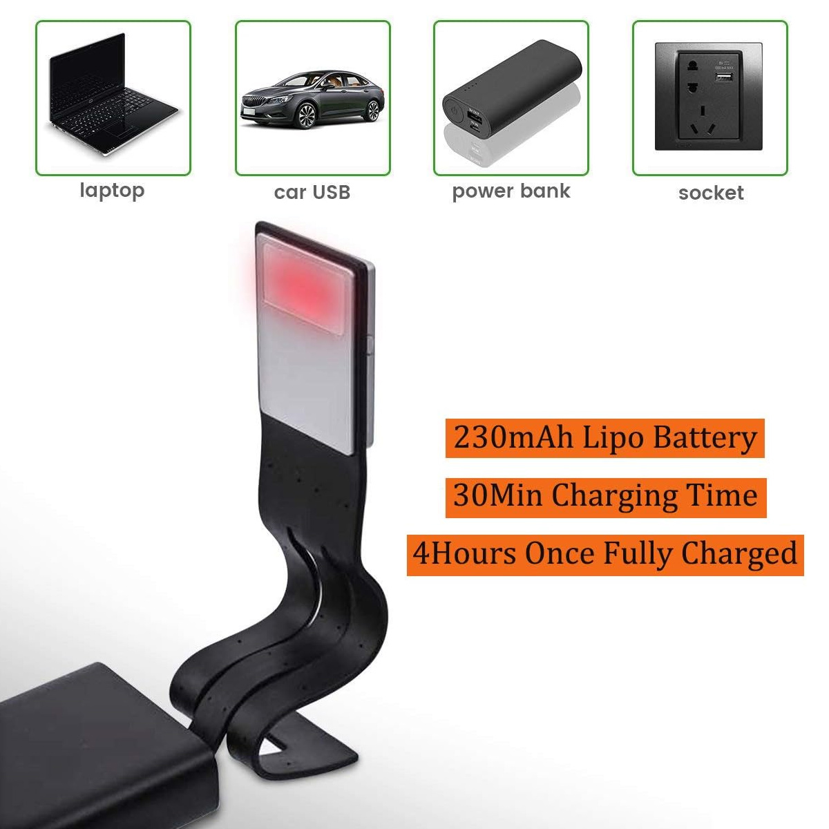 Das Bild zeigt einen Laptop, ein Auto, eine Powerbank und eine Steckdose. Es zeigt auch ein Gerät mit Akkuspezifikationen: 230mAh, 30 Min. Ladezeit, 4 Stunden Nutzung.
