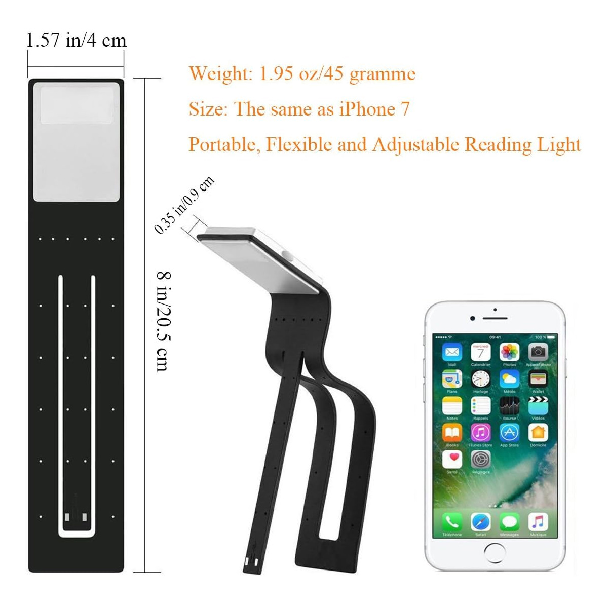 Eine schwarze Leselampe mit Abmessungen, Gewicht und Größenvergleichen zum iPhone 7. Ein iPhone 7 ist ebenfalls abgebildet.
