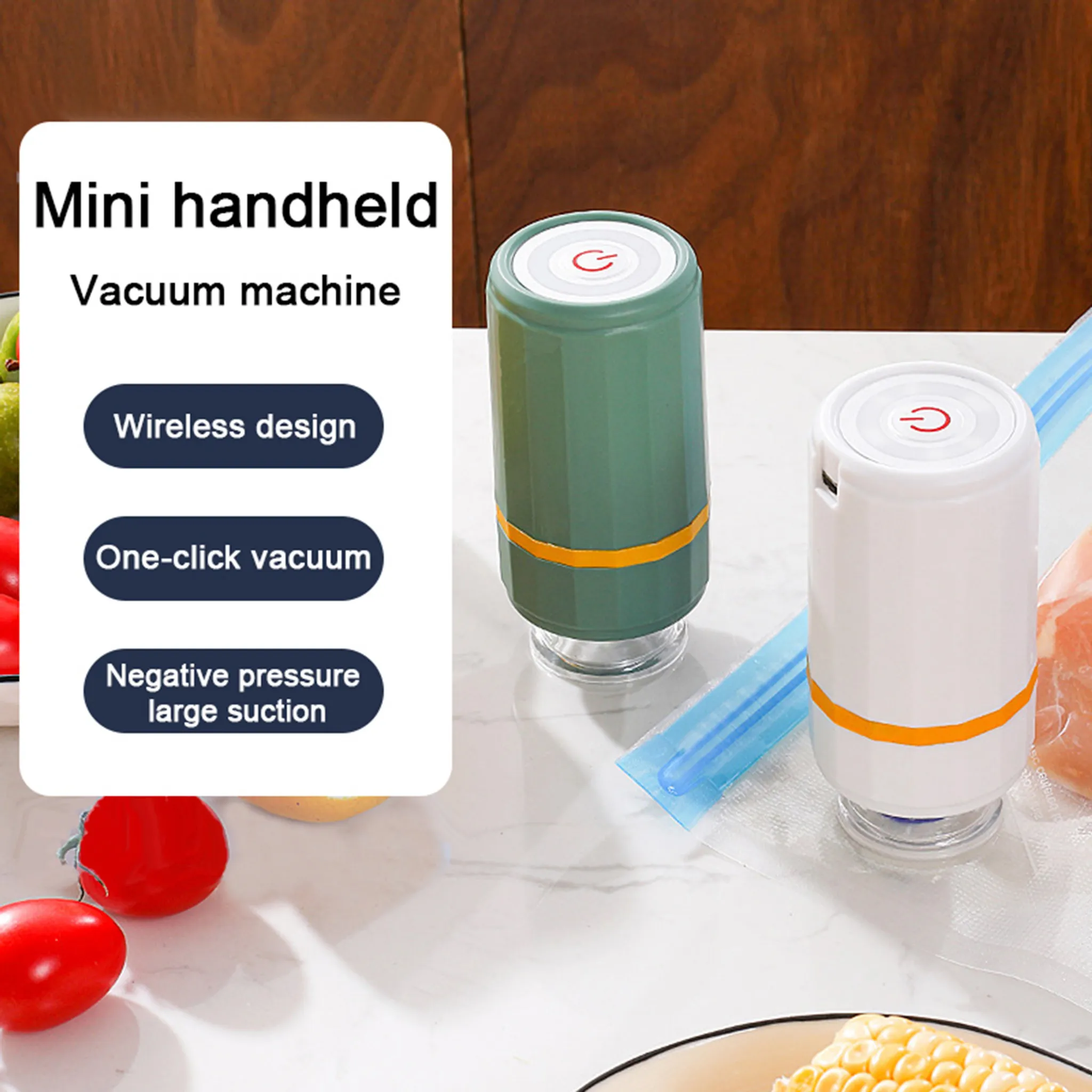 Zwei Mini-Handstaubsauger, grün und weiß. Tomaten und Mais sind im Hintergrund. Merkmale: kabellos, One-Click-Vakuum.