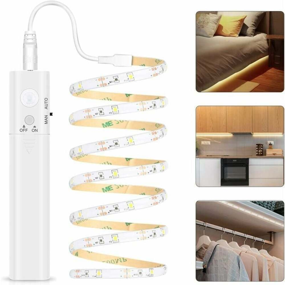 Ein weißes LED-Streifenlicht-Kit mit Anwendungsbeispielen. Enthält eine Stromeinheit, einen Lichtstreifen und Szenen der Installation in Schlafzimmer, Küche und Schrank.