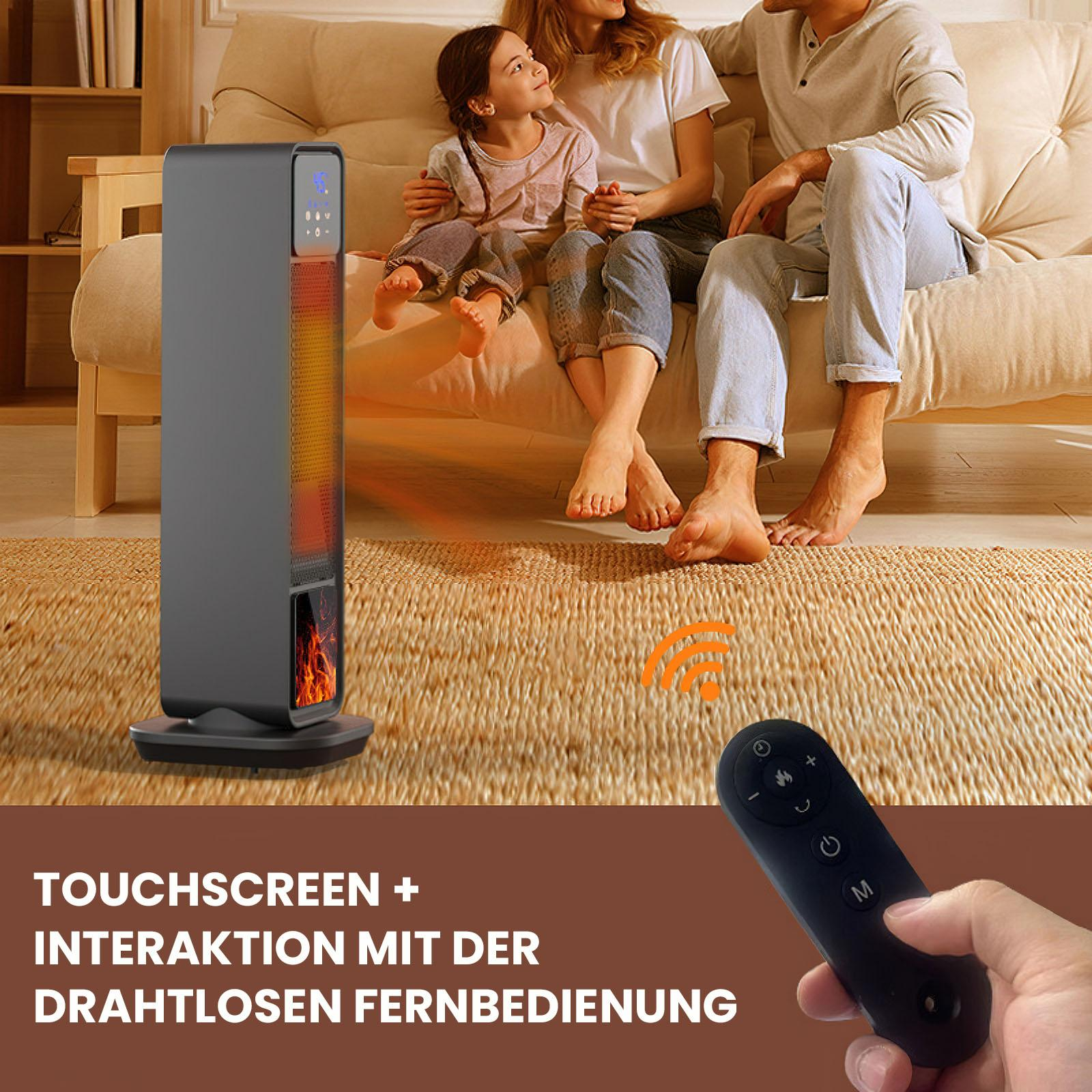 Eine Familie sitzt in der Nähe einer Heizung. Eine Fernbedienung ist in der Hand. Die Heizung ist schwarz.