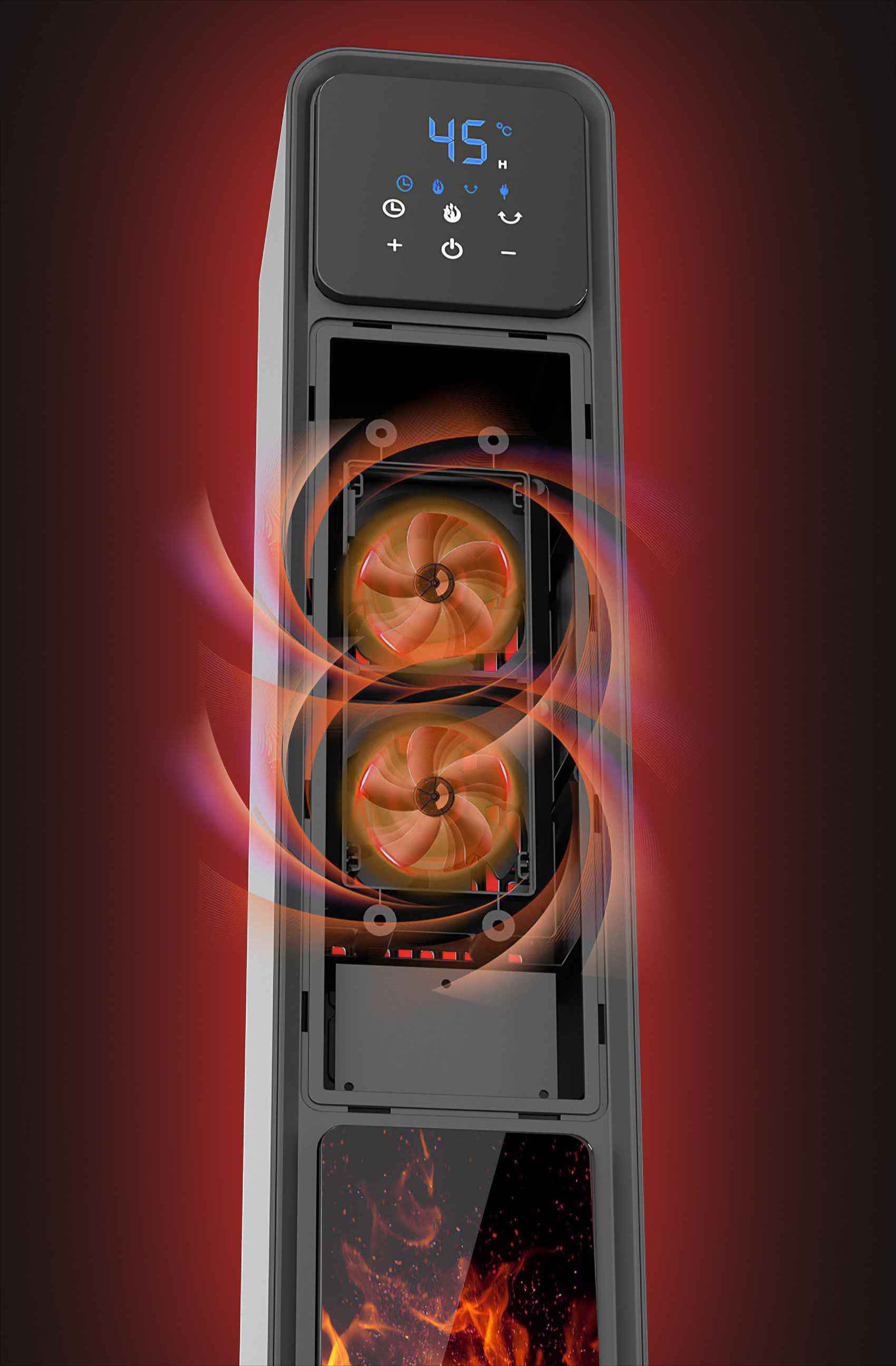Heizgerät mit Digitalanzeige mit 45 Grad. Zwei orangefarbene Ventilatoren sind sichtbar. Roter Farbverlauf im Hintergrund.