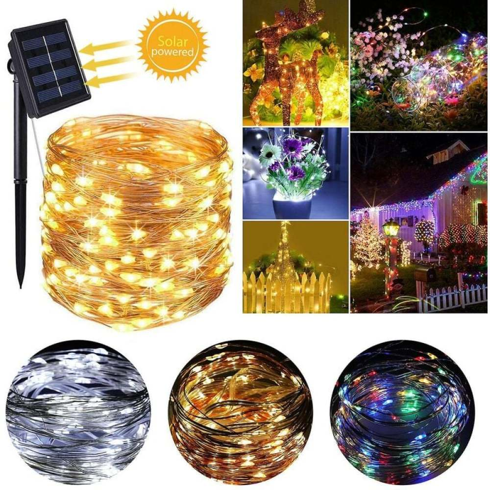 Solarbetriebene Lichterketten. Enthält ein Solarpanel und verschiedene Szenen mit Lichtern, darunter weiße, warme und mehrfarbige Lichter.