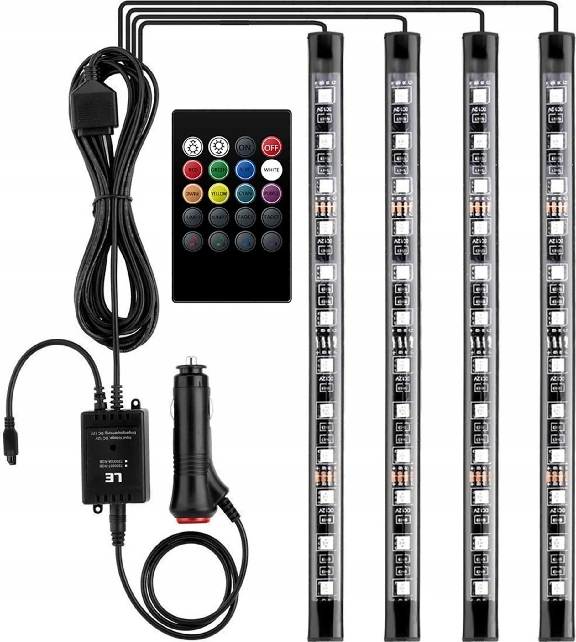 LED-Auto-Innenraum-Licht-Kit mit Fernbedienung. Enthält Lichter, Controller und Autoladeadapter.