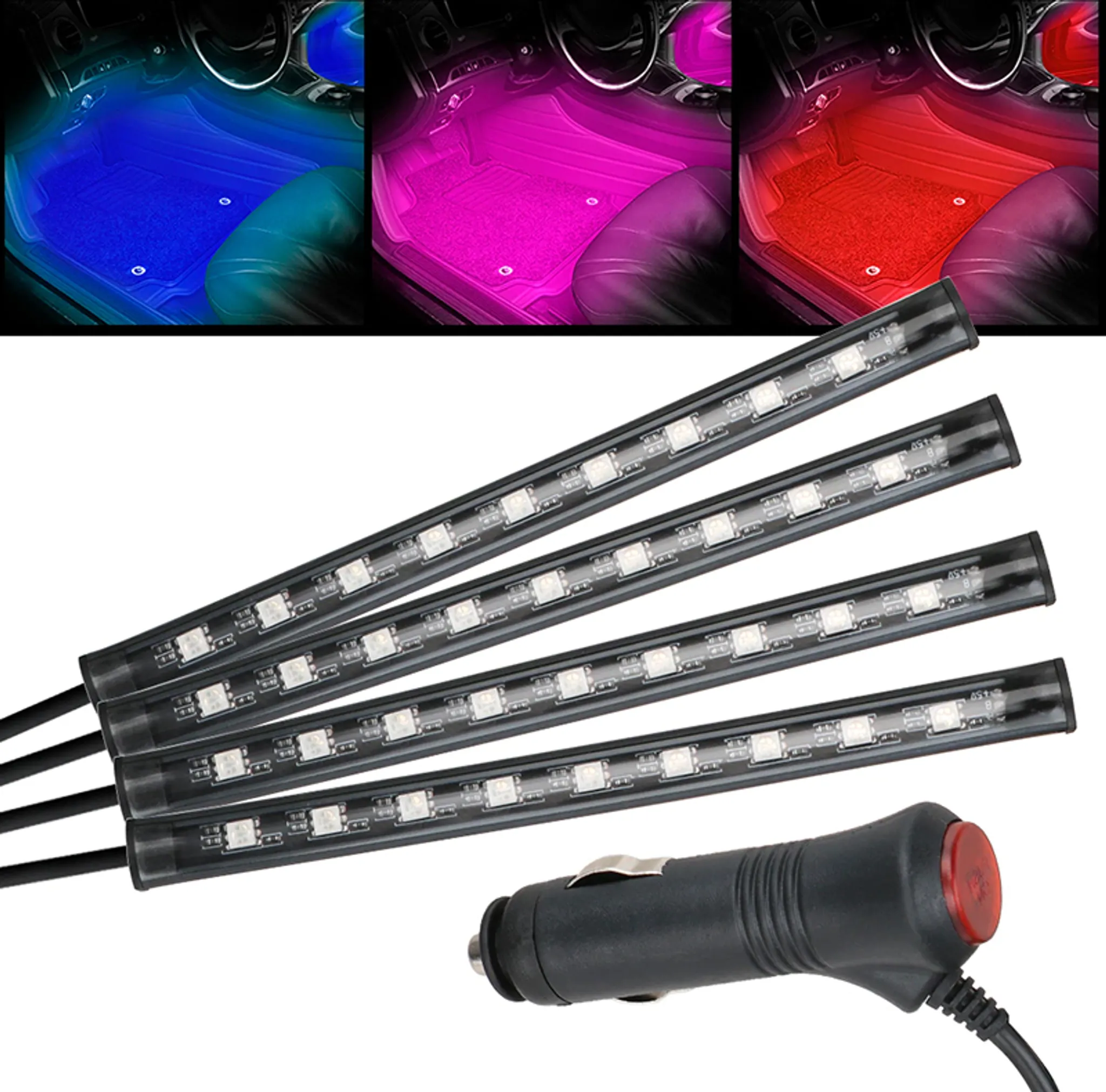 Auto-Innenraum-LED-Leuchten in Blau, Lila und Rot. Mehrere Lichtleisten und ein Netzteil sind abgebildet.