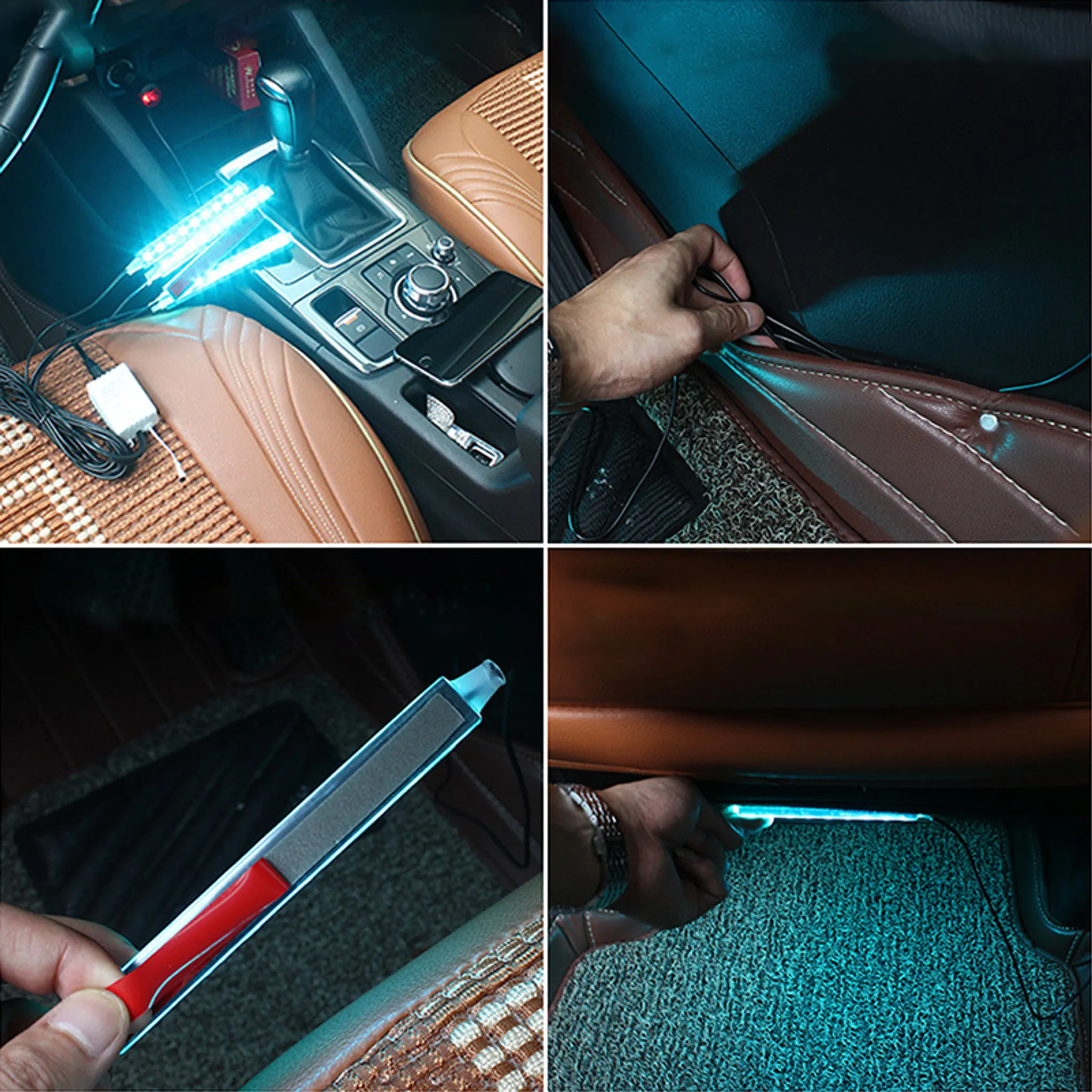 Autoinnenraum mit blauen LED-Leuchten, die installiert werden. Enthält Sitze, Konsole und eine Hand, die ein Licht hält.