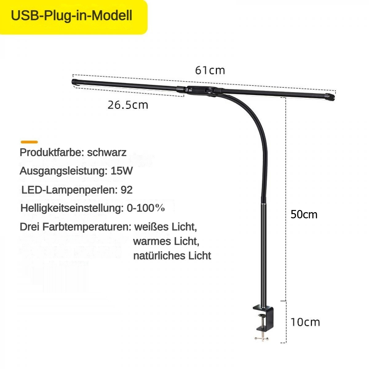 Gezeigt wird eine schwarze USB-Plug-in-Modell-Lampe. Sie hat einen langen Arm mit beschrifteten Abmessungen. Produktinfo enthält Farbe, Leistung und Lichteinstellungen.