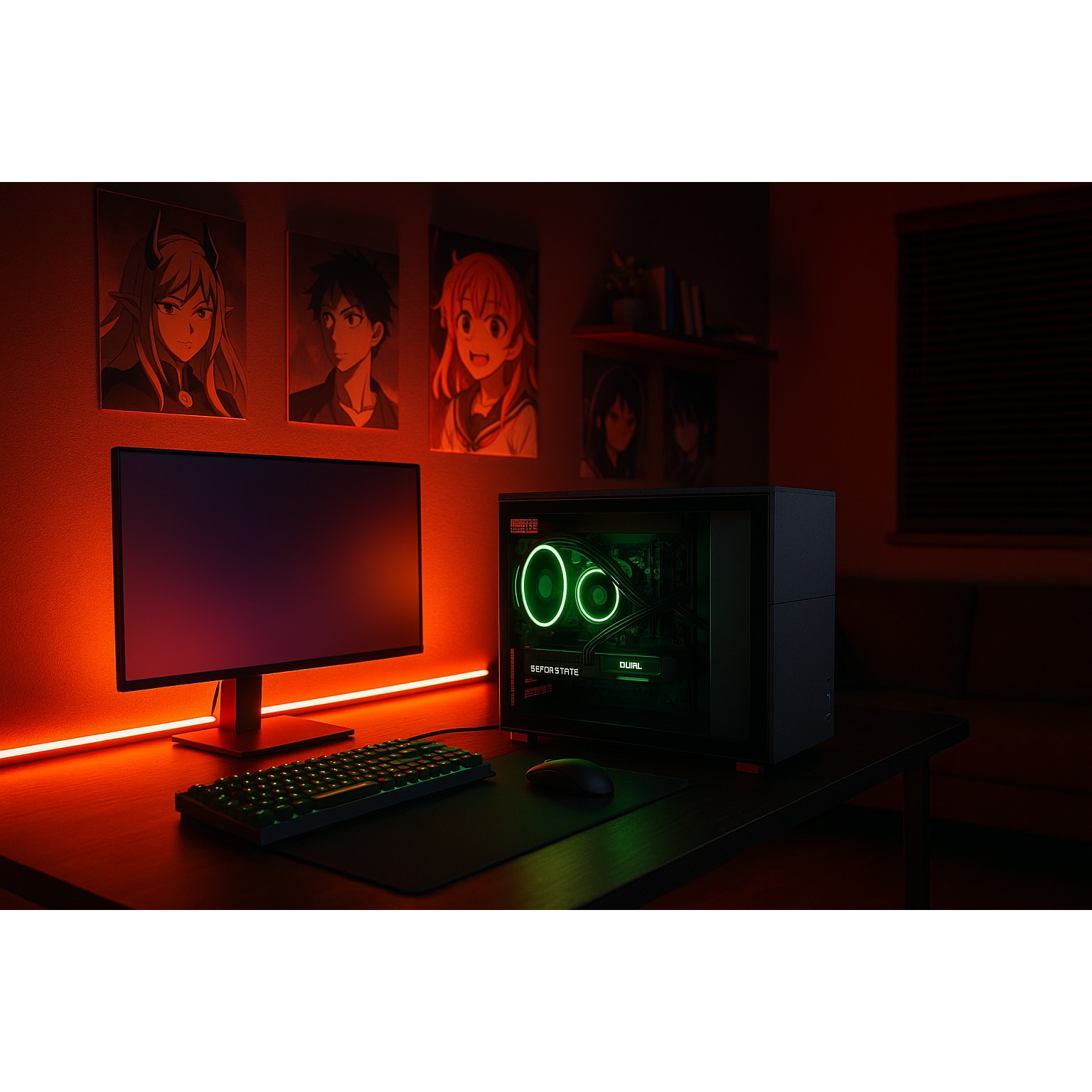 Konfiguracja do gier z komputerem, monitorem, klawiaturą i myszką na biurku. Plakaty anime na ścianie, oświetlone czerwonym światłem.