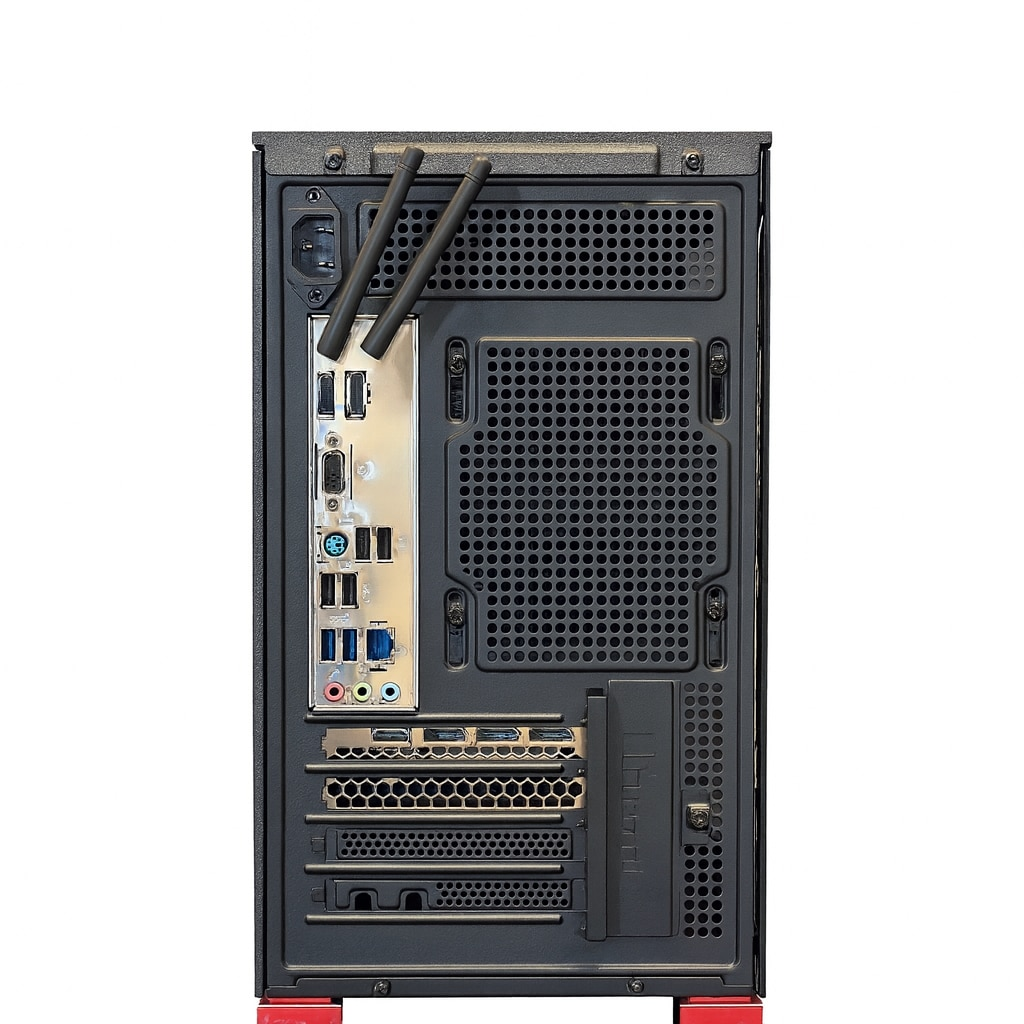 Widok z tyłu czarnej obudowy komputera. Ma srebrny panel I/O, wentylację i czerwone nóżki. Widoczne są dwie anteny.