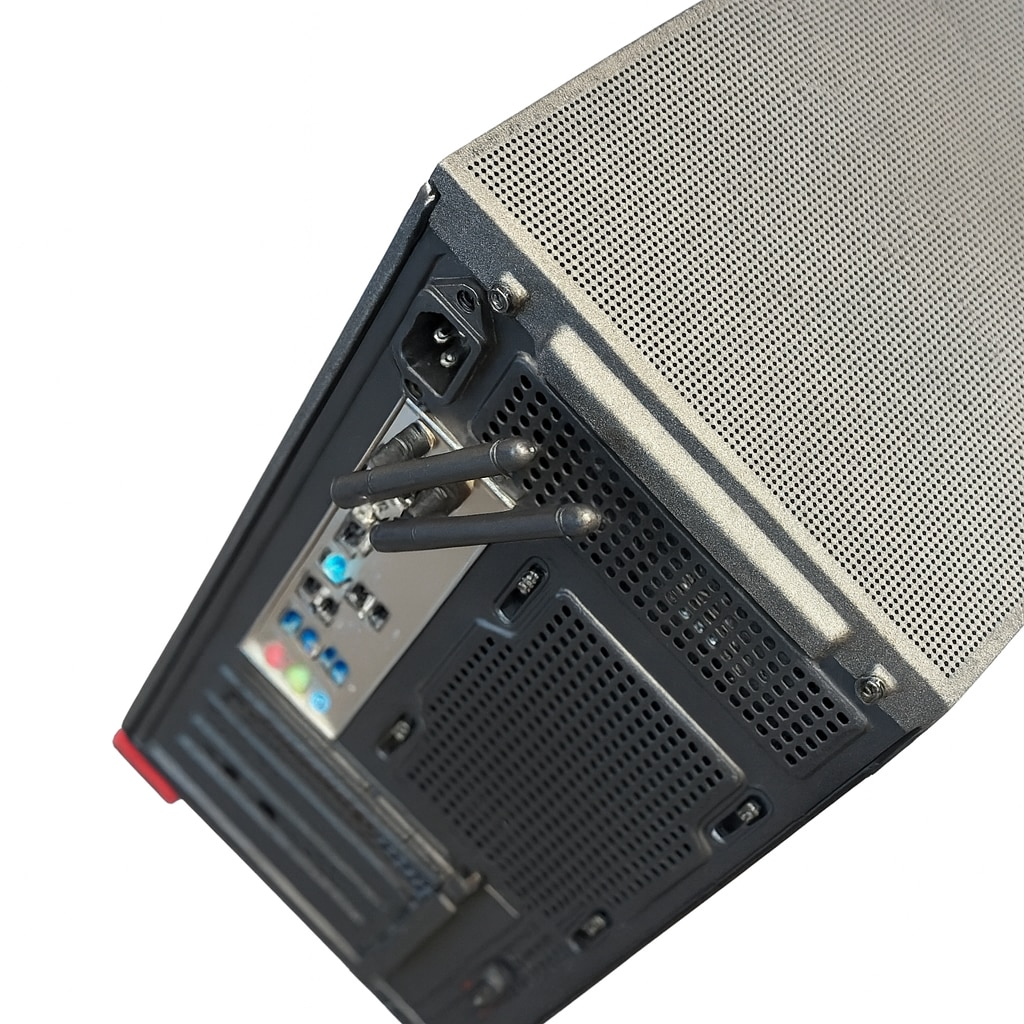 Obudowa komputera pokazana pod kątem. Ma perforowany wierzch i widoczne z tyłu porty i połączenia.