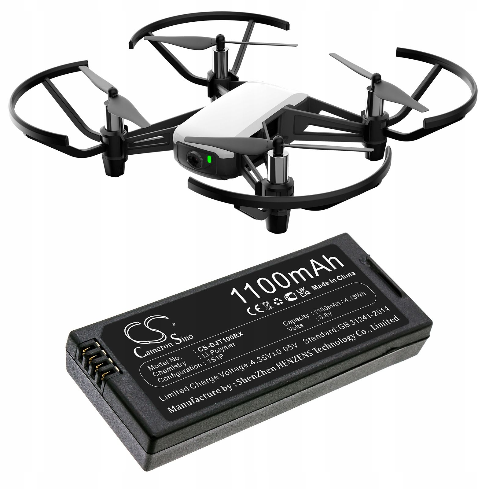 Dron z czarno-białym korpusem i akumulatorem. Na akumulatorze wydrukowano specyfikacje.