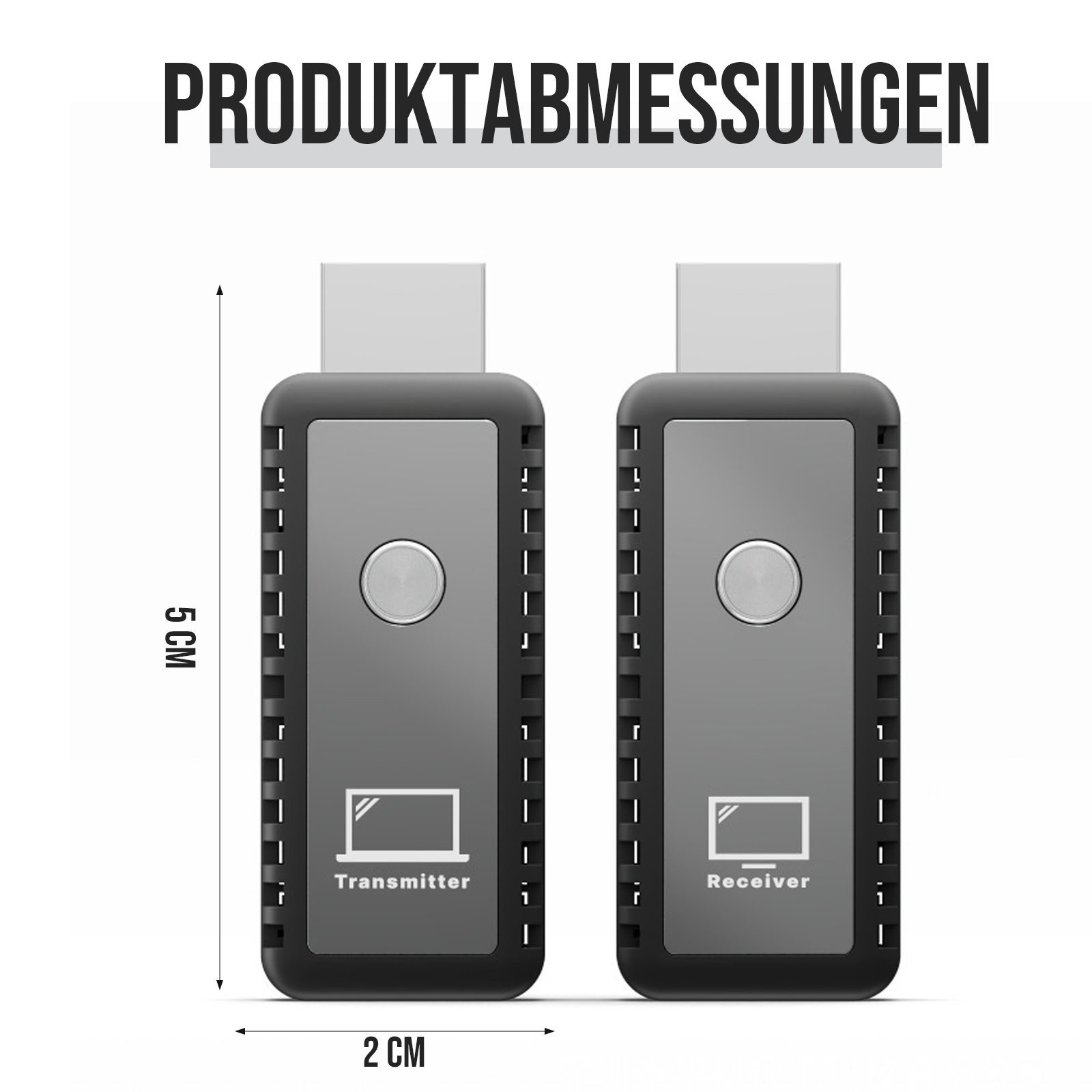 Zwei schwarze rechteckige Geräte mit den Bezeichnungen „Transmitter“ und „Receiver“ und Abmessungen. Titel: Produktabmessungen.