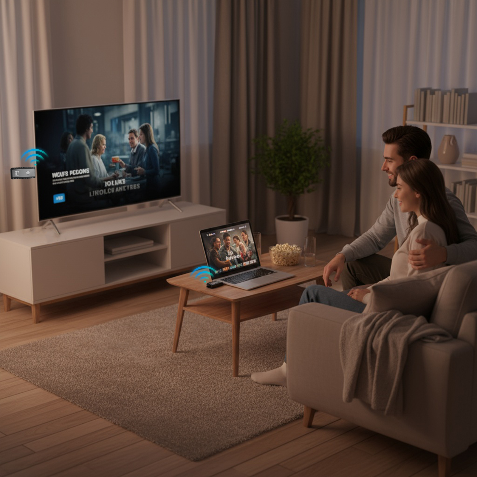 Ein Paar sieht sich einen Film auf Fernseher und Laptop an. Eine Fernbedienung liegt neben dem Laptop. Popcorn und ein Glas stehen auf dem Tisch.