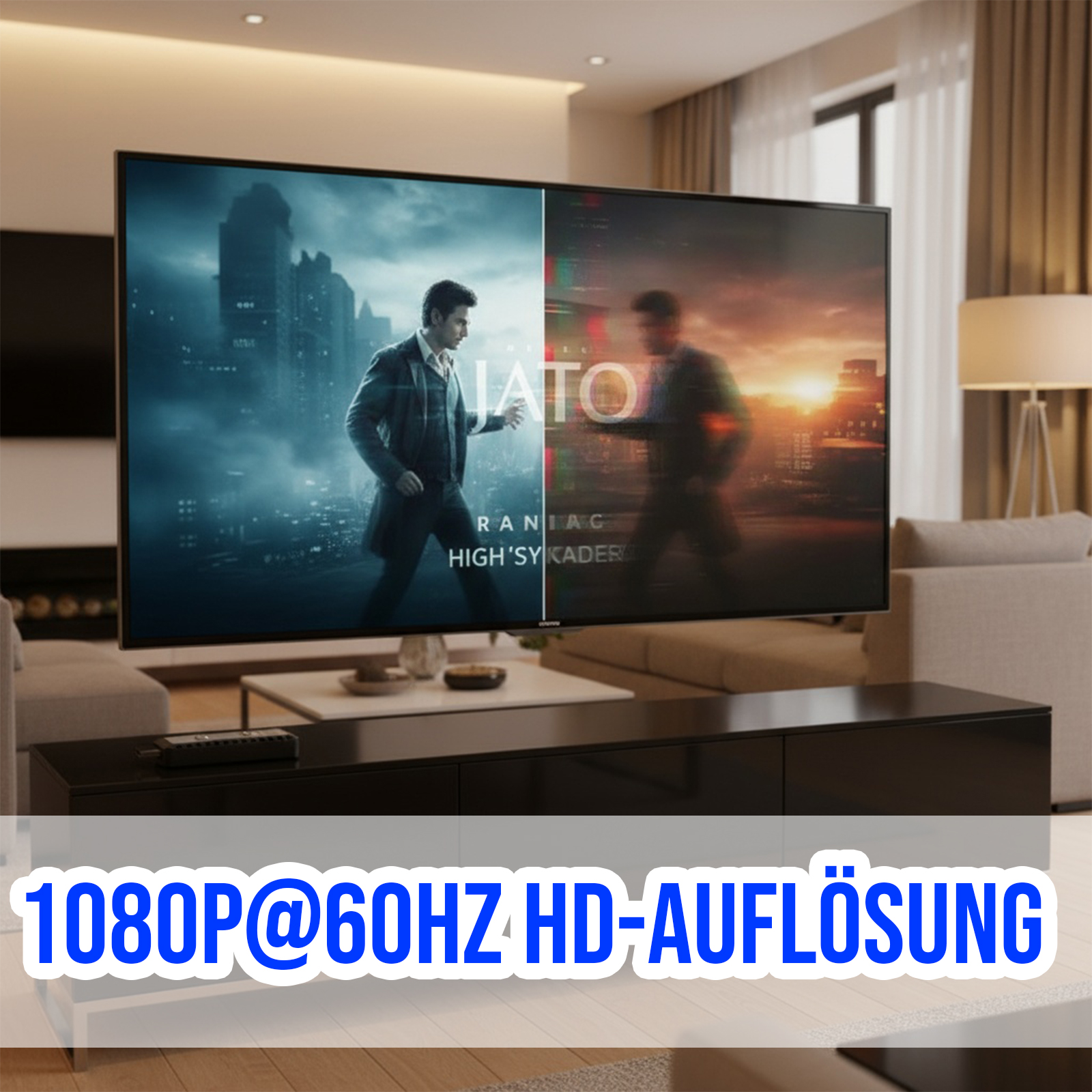 Ein großer Fernseher zeigt eine Filmszene. Es ist in einem Wohnzimmer mit einem schwarzen Schrank. Der Text unten lautet '1080P@60HZ HD-AUFLÖSUNG'.