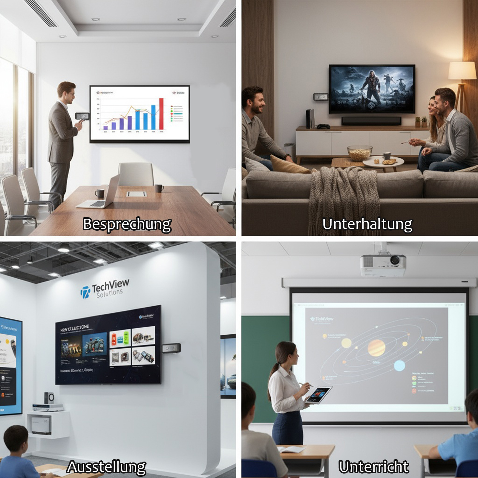 Vier Szenen: Besprechung mit Diagramm, Leute sehen fern, Ausstellung mit Bildschirm und Lehrer im Unterricht mit Projektor.