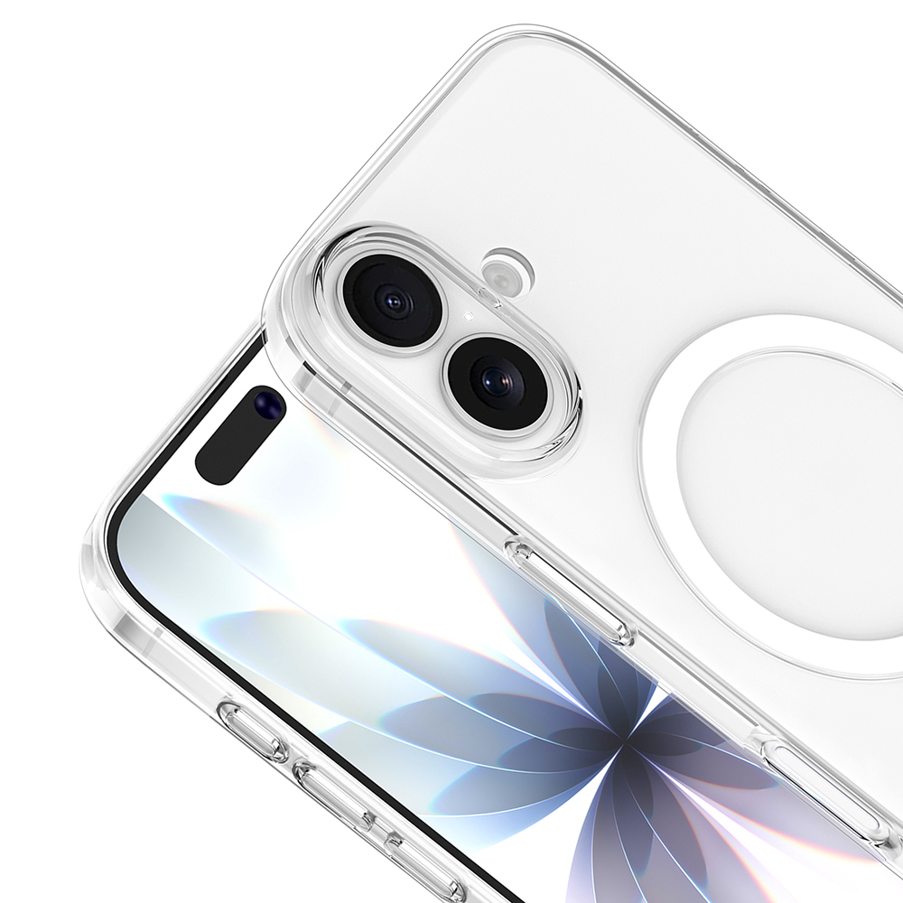 İçinde bir telefon bulunan şeffaf bir telefon kılıfı. Kılıfın kamera kesimi ve beyaz bir halkası var. Ekranda çiçek deseni gösteriliyor.