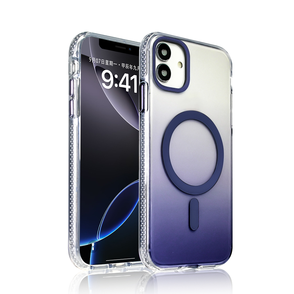 Şeffaf kılıflı iki akıllı telefon. Birinde saat ve tarih görüntüleniyor. Kılıfların renk geçişi ve manyetik halkası var.