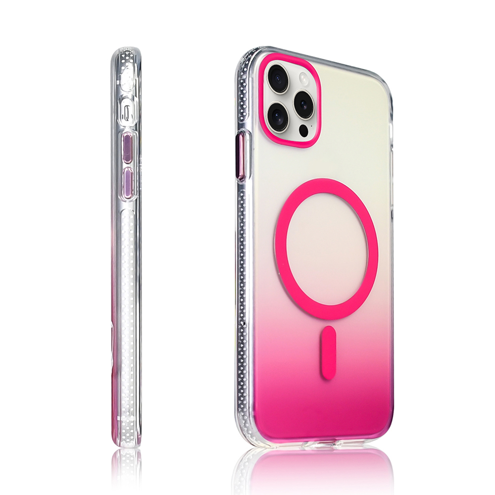 Pembe vurgulu şeffaf telefon kılıfı, iki görünüm. Bir yan görünüm, bir ön görünüm kamera ve daire detayı gösteriyor.