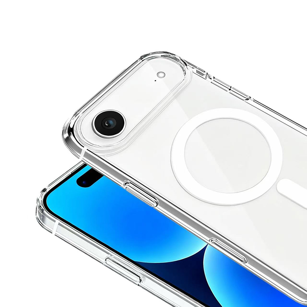Mavi ekranlı şeffaf telefon kılıfı. Kılıfın kamera oyuğu ve beyaz bir halkası var. Telefon hafifçe açık.