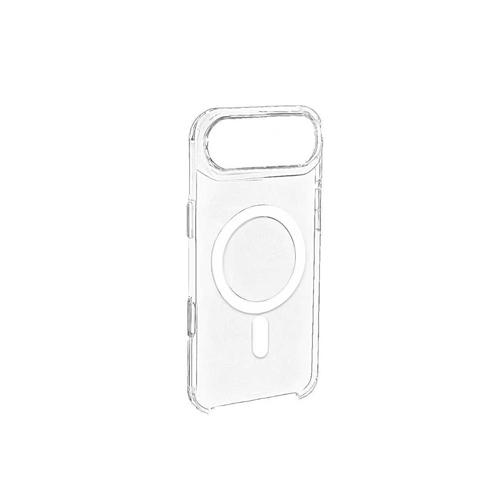 Beyaz bir arka plan üzerinde şeffaf bir iPhone kılıfı gösteriliyor. Kılıf, dairesel bir manyetik alana ve kamera için bir kesime sahip.
