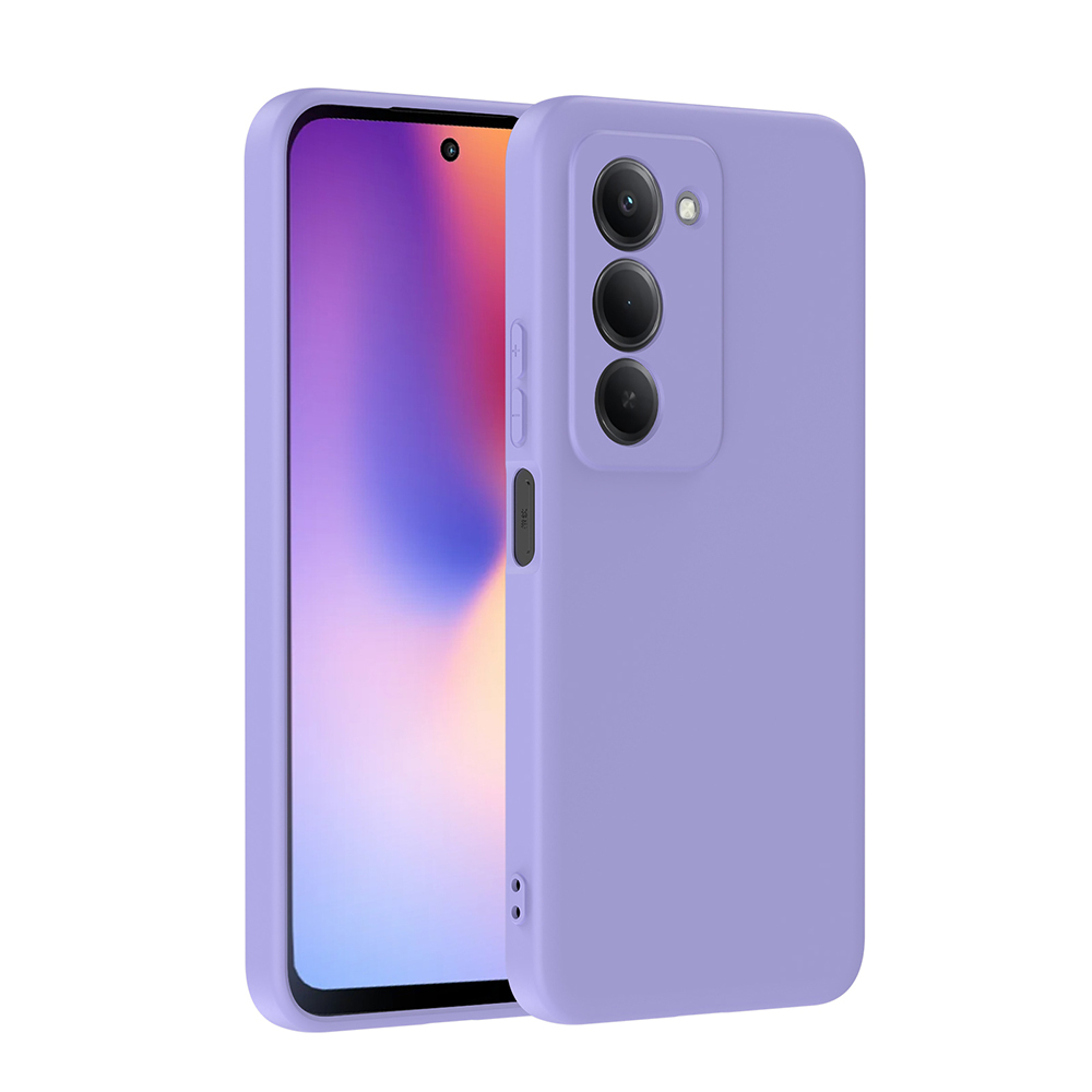 Lavanta renkli bir telefon ve kılıfı görüntüleniyor. Telefonda üç kamera ve bulanık bir görüntü gösteren bir ekran var. Kılıfta düğmeler var.