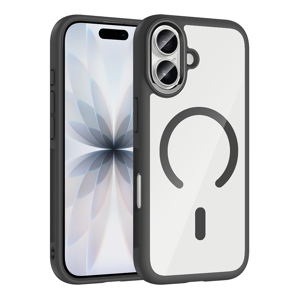 Şeffaf bir kılıfı olan bir iPhone. Kılıfın siyah bir çerçevesi ve MagSafe tasarımlı beyaz bir arka yüzü var.