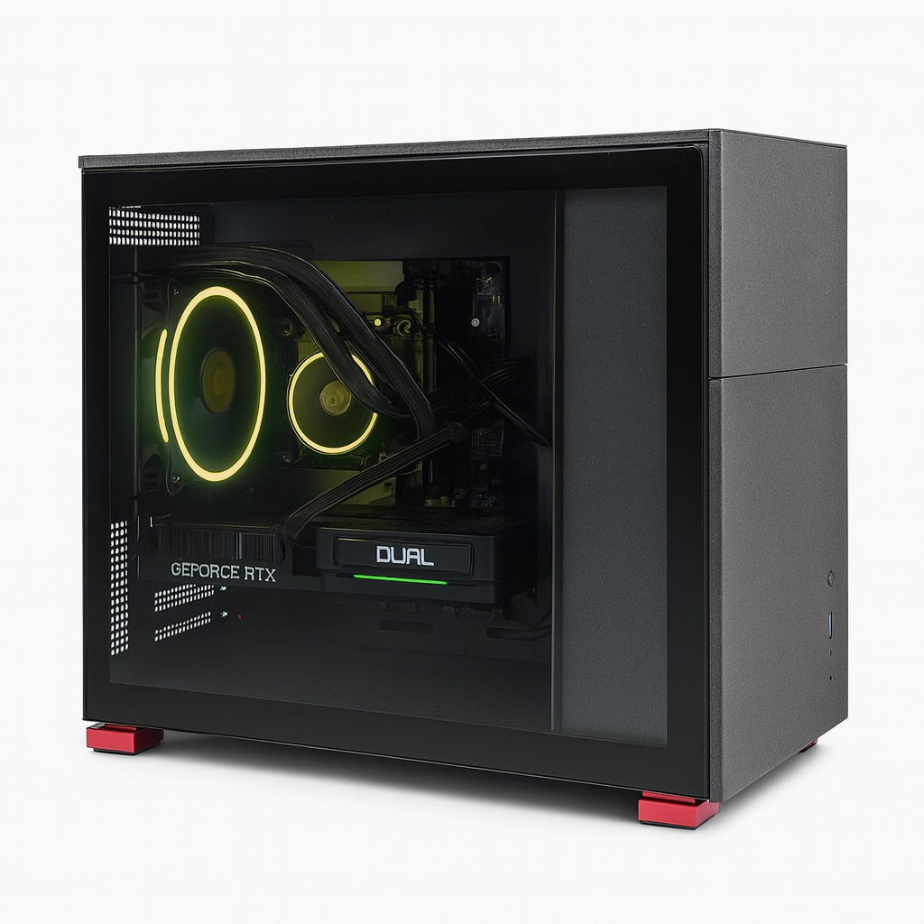 Nowoczesna obudowa komputera z szklanym panelem bocznym. W środku karta graficzna, wentylatory z żółtym światłem i inne komponenty.