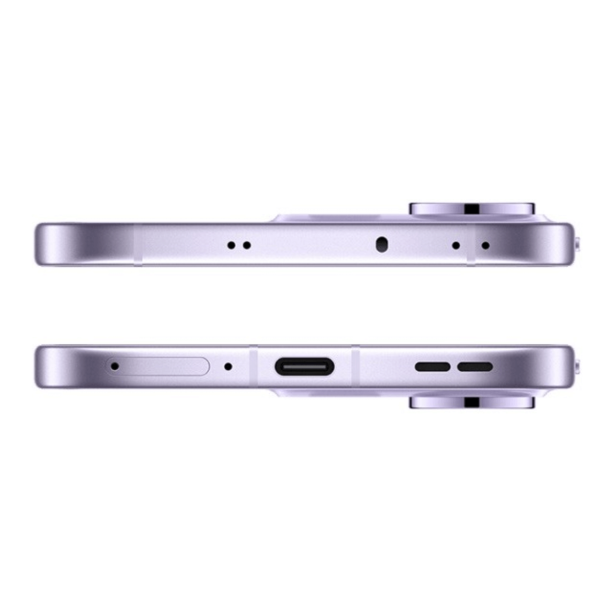 Dwie sekcje lawendowego smartfona. Górna sekcja pokazuje obiektyw aparatu. Dolna sekcja odsłania port ładowania i głośniki.